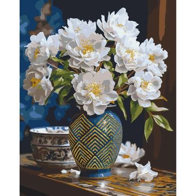 Картина за номерами Білі квіти у вазі з фарбами металік золото 50*60 см Орігамі LW 31350 купити в Україні