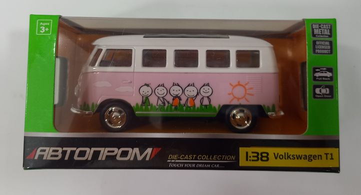 Автобус метал 4332 АВТОПРОМ 1:38 Volkswagen T1, рожевий колір, откр.двері, в кор. 14,5 * 6,5 * 7см (4897071923934) купити в Україні