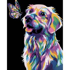 Картина за номерами на чорному фоні "Поп-арт собака з метеликом" 40х50 см купити в Україні