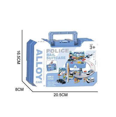 Гараж 6634 поліція, 2 поверхи, машина 6см, 31 деталь, дорожні знаки, наклейки, в валізі (6903317652402) купити в Україні