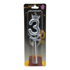 Свічка для торта "Цифра 3 з короною", срібляста
