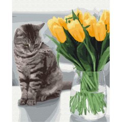 Картина по номерам "Котик с тюльпанами" ★★★ купить в Украине