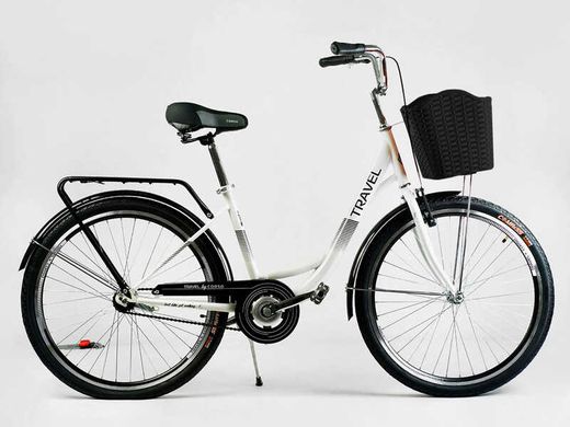 Велосипед міський Corso «TRAVEL» 26`` TR-7302 (1) колір білий, одношвидкісний, сталева рама 16.5``, корзина, багажник купить в Украине