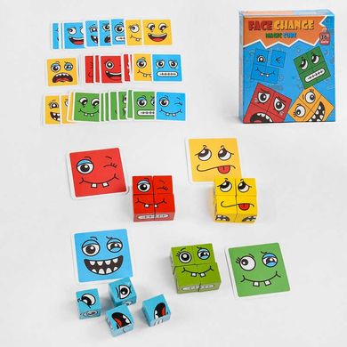 Деревянная игра С 49843 (60) “Смена лиц”, 81 элемент, 16 кубиков, 64 карточки, в коробке
