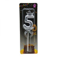 Свічка для торта "Цифра 5 з короною", срібляста