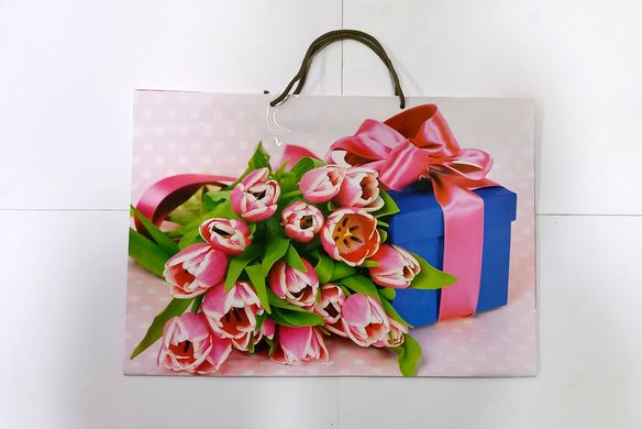 Пакет подарочный "Цветы" 6024 цветной, гигант горизонтальный 33 х 46 х 15см Тюльпаны Вид 1 купить в Украине